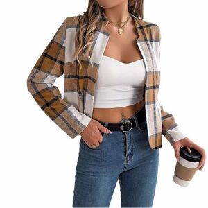 Plaid Open-Front Women’s crop Jacket in Mustard & White
